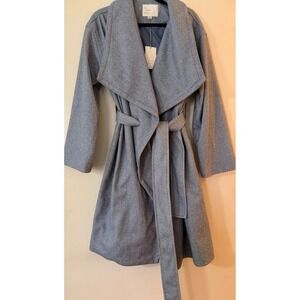 A New Day Womens Grey blue Twill Wrap Coat Belted Shawl Collar coat Medium NEW